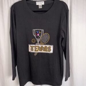 Bob Mackie Top Black Tennis Champion Winner Wearable Art Tunic Beads Sequins EUC
